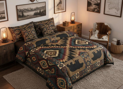 Erosebridal Rustic Cabin Bedding Set Twin Farmhouse Lodge Bear Comforter Set 7 Piece Vintage Southwestern Bed in A Bag for Kids Girls Women Western Hunting Wildlife Quilt with Flat Fitted Sheet