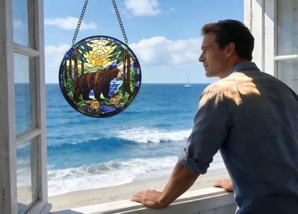Argodaze Stained Glass Window Hanging - A Black Bear is Walking in The Forest 6.3 Inches Suncatcher for Garden Home Decor for Women Mom Grandma Friends