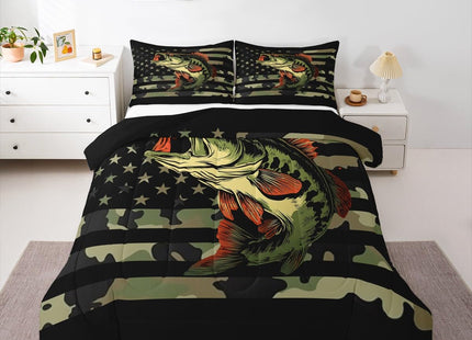 Bass Fish Camouflage Comforter Set Farmhouse Fishing Bedding Set for Kids Girls Women Adults Retro Green Camo Comforter Bass Fish Pattern Quilted Duvet Set Bedroom Collection Twin Size 2Pcs