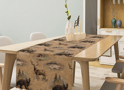 Retro Rustic Table Runner, Moose Deer Bear Leaf Forest Tree Country Style Kitchen Table Runners for Home Living Room Kitchen Family Dinner 13x60in