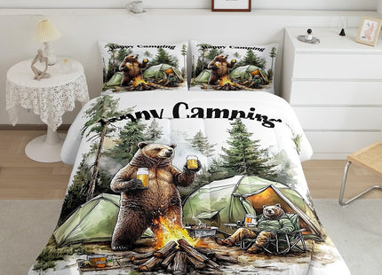 Erosebridal Happy Camping Queen Comforter Set,RV Camper Bedding Sets for Travel Trailer Bunk,Forest Bear Quilt Bed Set for Kids Adults,Rustic Farmhouse Bedroom Decor,2 Pillowcases All Season