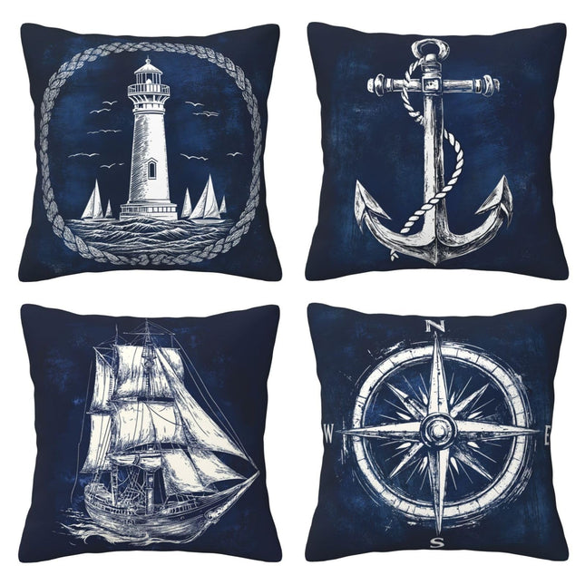 Nautical Lighthouse Pillows Cover Set of 4, Sailing Boat Anchor Compass Blue Throw Pillow Covers, Costal Ocean Theme Decorative Pillowcases, Outdoor Cushion Case for Couch Sofa Home Decor 16x16 Inch