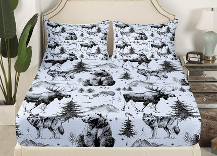 Bear Bed Sheets for Rustic Cabin,Grey Deer Moose Wolf Mountain Sheet Set Twin,Farmhouse Pine Tree Woodland Bedding Set Bedroom Decor,Retro Hunting Wild Animal Fitted Sheet + Flat Sheet + 1 Pillowcase
