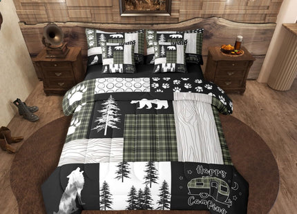 Erosebridal 7Pc Rustic Cabin Bear Queen Comforter Set with Sheets, Hunting Wolf Country Bedding Sets, Camping RV Camper Patchwork Quilts, Green Black Buffalo Plaid Bed in a Bag (Fitted + Flat Sheet)