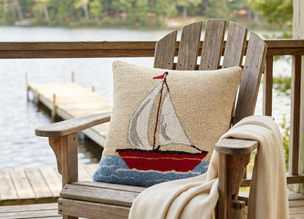 Sailboat Wool Hook Pillow for Lake or Beach House by The Pillow Shoppe, 16" Square