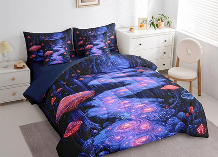 Erosebridal Mushroom 7 Pcs Comforter Set Queen Size,Dreamy Woodland Bed in a Bag with Flat Sheet and Fitted Sheet for Kids Teens Adult,Glitter Red Teal Bedding Set with Pillowcase and Sham Reversible