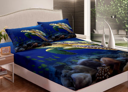 Sea Turtle Fitted Sheet Full,Ocean Beach Themed Nature Style Bed Sheet Set,Marine Underwater Turtle Bedding Set for Kids Girls Boys Bedroom Decor,Hawaiian Coastal Reptile Bed Cover,Teal Blue