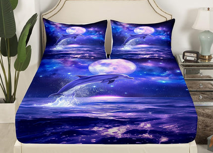 Ocean Dolphin Fitted Sheet Deep Pocket Twin Galaxy Coastal Bedding Set for Kids Teen Girls Boys Star and Moon Bed Sheets Sea Animal Starry Sky Fitted Bed Sheet Marine Bedroom Decor 1 Pillow Case