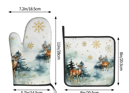 Winter Green Forest and Deer Oven Mitts and Pot Holders Sets Heat Resistant Non Slip Gold Snowflake Xmas Kitchen Gloves Hot Pads Potholders 2 Pack Set Holiday Decor for Chef Cooking Bakers Kitchen