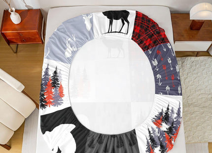 Teens Hunting Moose Deer Bed Sheets, Bear Trees And Vines Patchwork Fitted Sheet Twin For Kids Boys Girls, Rustic Wildlife Sheet Set Farmhouse Country Top Sheet, Red Black Plaid With White And Gray