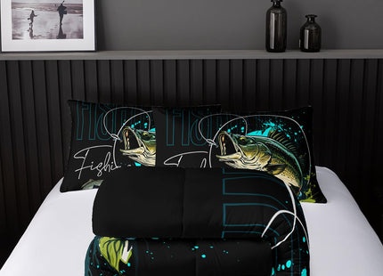 Nttopship Big Pike Fish Bedding ，Hunting and Fishing Brown Green Bedding Set Themed Comforter Set for Kids Boys Room Decor, Queen Bed in a Bag for Teens with 2 Pillowcases
