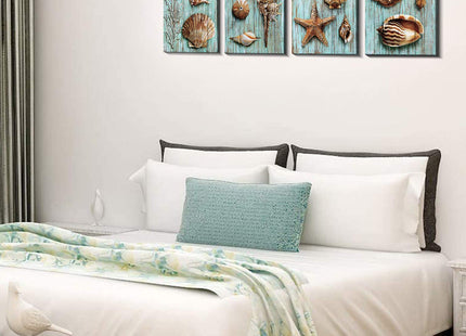 Blue Shells Wall Art Home Decor for Bathroom Shell Conch Framed Canvas Prints Sea Ocean Paintings Pictures Marine Life Coral Starfish Modern Large Artwork Living Room Home Decoration Set 4 Pcs 16x16