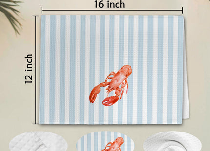 cvjutf Coastal Red Lobster Crawfish Kitchen Towels Set of 2, Beach Preppy Decor Dish Towel, East Coast Beachy Blue Striped Decor Hand Tea Towels for Bathroom Kitchen, Maine Lobster Gifts, 16x24 Inch