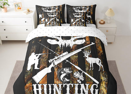 7 Piece Hunting Theme Bed in a Bag American Flag Sheet Set Wild Animal Deer Big Pike Fish Print Bedding Set with Comforter Rustic Farmstyle Fitted Sheet Usa Flag Decor Cushion Covers Full Size