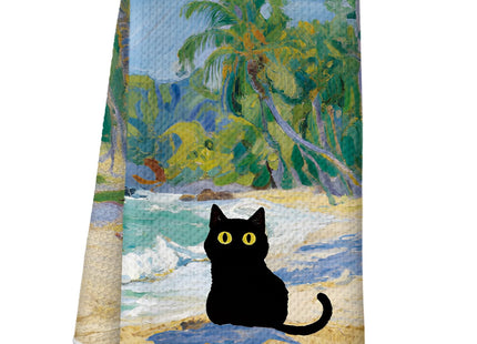 NEFMGEG Black Cat Kitchen Towels, Coastal Beach Black Cats Decor for Kitchen Bathroom Home, Cute Hand Towels Dish Towels, Waffle Weave Microfiber,16×24 Inches