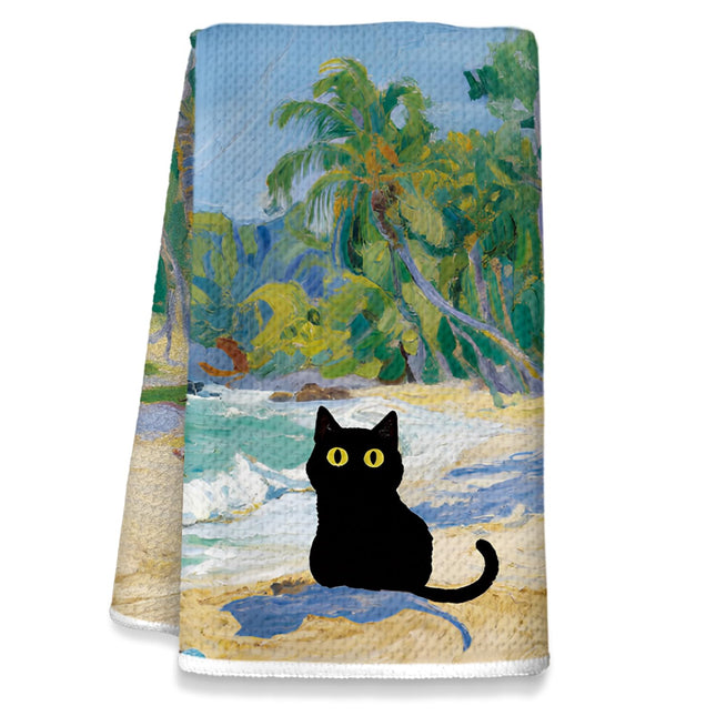 NEFMGEG Black Cat Kitchen Towels, Coastal Beach Black Cats Decor for Kitchen Bathroom Home, Cute Hand Towels Dish Towels, Waffle Weave Microfiber,16×24 Inches