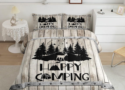 Rustic Farmhouse Quilt Set Twin Woodland Travel Camper Theme Bedding Set For Rv Bunks,Happy Camping Comforter Set For Kids Adults Wild Animal Deer Pine Tree Decor Duvet Insert 1 Pillow Case