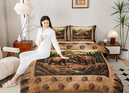 Erosebridal Rustic Cabin Comforter Set Queen Size Grizzly Bear Print Bedding - Rustic Farmhouse Bedding Comforter Sets - For Boys Teen Men,Hunting Wildlife Pattern Quilt Animal Theme Lodge Decor 3 Pcs