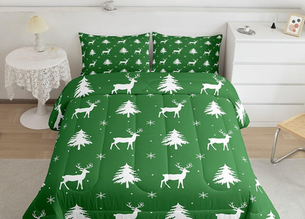 Manfei Christmas Deer Girls Bedding Set Twin Size, Snowflake Pine Tree Comforter Set，Rustic Farmhouse Xmas Quilt Comforter for Boys Teens,Green White Room Decor All Season,1 Pillowcase