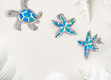 Nautical Blue Created Opal Turtle Pendant Necklace .925 Sterling Silver