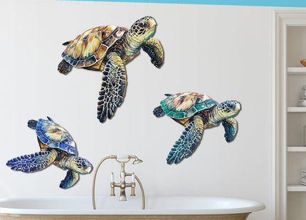 SUBOLO Metal Turtle Wall Decor Outdoor Turtle Coastal Ocean Sea Wall Art Sculptures Hanging Decorations for Bedroom, Living Room, Garden, Fence, Patio Set of 3
