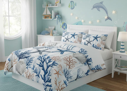 QOOMO Coastal 7 Pieces Comforter Set Full Size,Coral Starfish Bedding Set