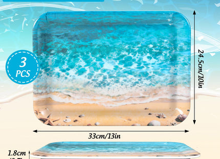 JarThenaAMCS 3Pcs Summer Beach Serving Trays Reusable Serving Dishes Ocean Wave Sand Seashell Starfish Platter for Outdoor Party Serving Food Snacks Fruits Dessert