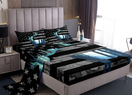 Erosebridal Deer Hunting Sheet Set Twin American Flag Sheets for Boys Teens Youth, Antlers Animal Printed Bed Sheets Set Western Wildlife Theme Top Sheet Fitted Sheet with 1 Pillowcase, 3 Pcs