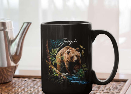 Cute Bear In Forest Design Mug, Customized Name Animal Lover Cup, Novelty Bear Design Black Mug, Personalized Bear Themed Coffee Cup, Gift For Son Daughter, Custom Animal Mug 11oz 15oz