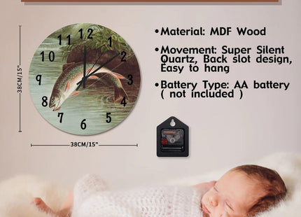 ArogGeld Rainbow Trout Fish Wall Clock Rod Inn FishingWall Clocks Battery Operated 15 Inch Quiet Non-Ticking Farmhouse Hanging Clock Modern Wall Decor for Living Room Kitchen Bedroom Office