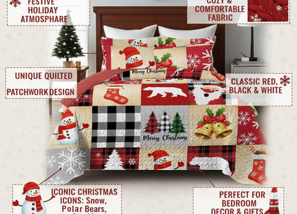 Merry Christmas Patchwork Quilt Set King- Santa Claus Bear Deer Tree Snowflakes Checkered Holiday Bedding Set - Soft Microfiber Lightweight Comforter Coverlet Bedspread(Snowman Santa, King(90"x104"))