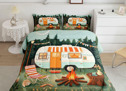 Erosebridal Cute Camper Car Full Comforter Set Rv Camping Bedding Set Woodland Camper Decor Comforter for Kids Boys Girls Floral Campfire Quilt Duvet