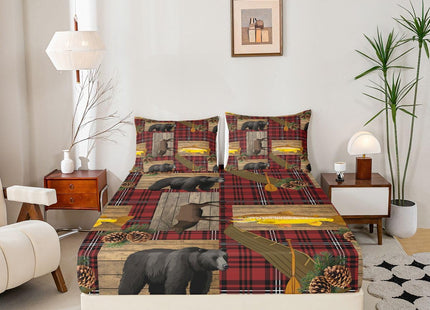 Bear Deer Moose Sheet Set Full Black Red Buffalo Plaid Fishing And Hunting Bed Sheets Wild Animal Lake House Bedding Set Rustic Farmhosue Fitted Sheet Country Cabin Lodge Flat Sheet + 2 Pillow Cases