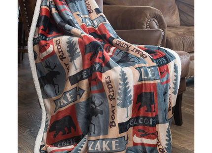 Carstens, Inc. Lake House Rustic Cabin Sherpa Fleece Large Throw Blanket, 54" x 68", Blue