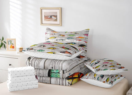 Feelyou Fishing Bait Comforter Set 7 Pieces Queen Size Fishing and Hunting Bedding Set for Kids Boys Girls Country Wood Bed in a Bag with Comforter + Sheets + Pillowcases + Cushion Covers