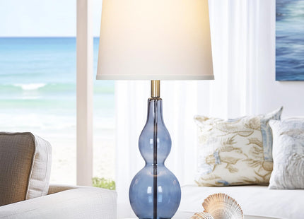 Rinweey 27.5" Coastal Blue Glass Double Gourd Table Lamp Set of 2,3-Way Dimmable Touch Control Bedside Lamps with USB Ports and AC Outlet, Nautical Nightstand Lamps for Bedroom Living Room