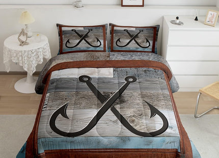 Fish Hook Anchor Kids Comforter Set Queen Size,Lake House Cabin Nautical Bedding Set,Girls Boys Adults Room Decor,Wooden Board Stripes Down Comforter,Rustic Farmhouse Duvet Insert,2 Pillowcases