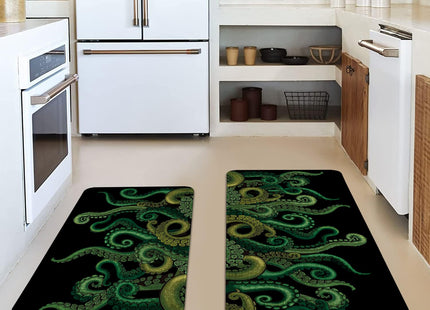 HSOWKDN Funny Octopus Tentacle Kitchen Rugs Sets of 2 Non Slip Washable, Black Cthulhu Kraken Kitchen Mats for Floor 2 Piece Home Decor