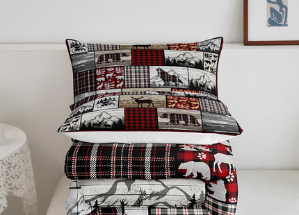 Feelyou Plaid Deer Elk Bear Wolf Comforter Set for Girls Boys Rustic Cabin Farm Forest Camping Hunting Comforter Farm Forest Bedding Set Farmhouse Lodge Duvet Set Full Size Quilt Set