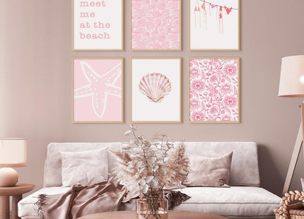 Pink Beach Wall Art Preppy Coastal Canvas Wall Decor Summer Aesthetic Pictures Girl Beachy Granddaughter Posters Ocean Shell Starfish Art Prints for Girl Room Bedroom 8x10 Inch Unframed Set of 6