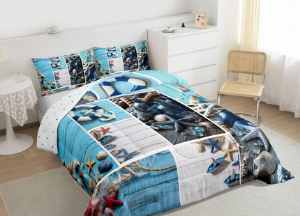 Erosebridal Nautical Theme Bedding Set,Seashell Conch Starfish Comforter Set Sea Ocean Animal Quilts Full,3D Beach Theme Patchwork Decor Duvet Set Coastal Lodge Cabin Soft Cozy Down Comforter,3Pcs