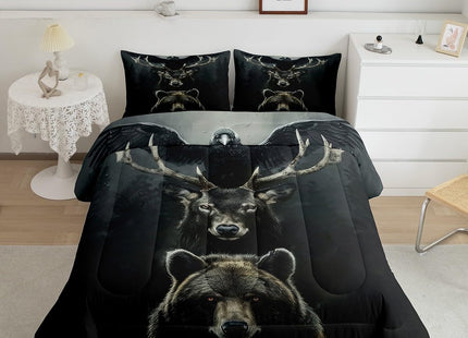 Castle Fairy Wild Animals Comforter Set Twin Size,Bear Deer and Eagle Bedding Set 2Pcs for Kids Boys Teens Adult Room Decor,Wildlife Hunting Quilt Set Dark Pine Tree Print Duvet Insert,1 Pillowcase