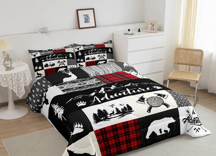 Castle Fairy Bear Deer Kids Comforter Set Twin Size,Hunt Arrow Adventure Wildlife Patchwork Bedding Set for Kids Boys Men,Red Check Boho Aztec Cabin Decor Quilted Duvet Set with 1 Pillowcase