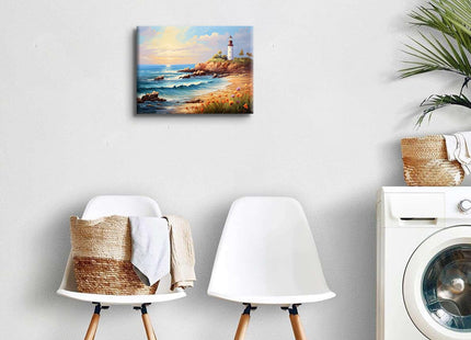 Sunset Lighthouse Wall Art Beach Pictures Bathroom Decor Abstract Coastal Canvas Prints Ocean Wave Seascape Wildflower Painting Nature Landscape Artwork for Living Room Office Home Decorations 12x16"
