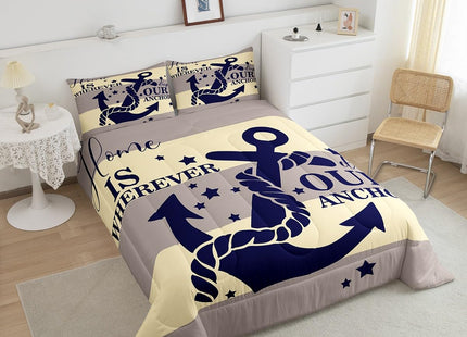Nautical Bedding Sets Queen For Teen Boys Kids Navy Blue Anchor Comforter Set Retro Yellow and Grey Geometric Stripe Comforter Coastal Ocean Beach Quilts Bedding Summer Soft Lightweight Duvet 3 Pcs