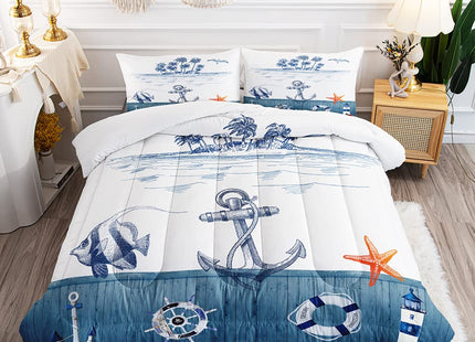 Nautical Sailboat Comforter Set Twin, Anchor Rudder, 2 Pillowcases