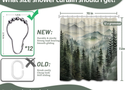 QGHOT Sage Green Forest Shower Curtain, 72x72 in, Mountain Rustic Pine Tree