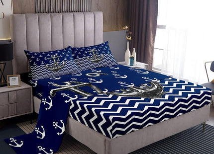 Nautical Anchor Sheet Set Twin Size Navy Blue White Geometric Stripes Bedding Set 3Pcs Kids Boys Teens Room Decor Abstract Ocean Waves Bed Sheet Sea Adventure Fitted + Flat Sheet,1 Pillowcase