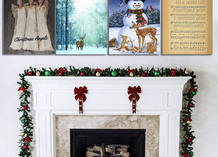 Snowman Christmas Decorations for Home Indoor Canvas Wall Decor - Framed Poster Print With Deer and Birds
