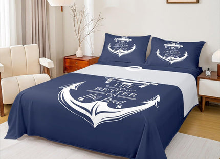 Castle Fairy Nautical Anchor Bed Sheet Set King Size,Boat Life Themed Art Anchor Print Deep Pocket Fitted Sheet,1 Flat,2 Pillowcases,Blue Ocean Themed Navy Bed Mattress Cover, Bedroom Decor